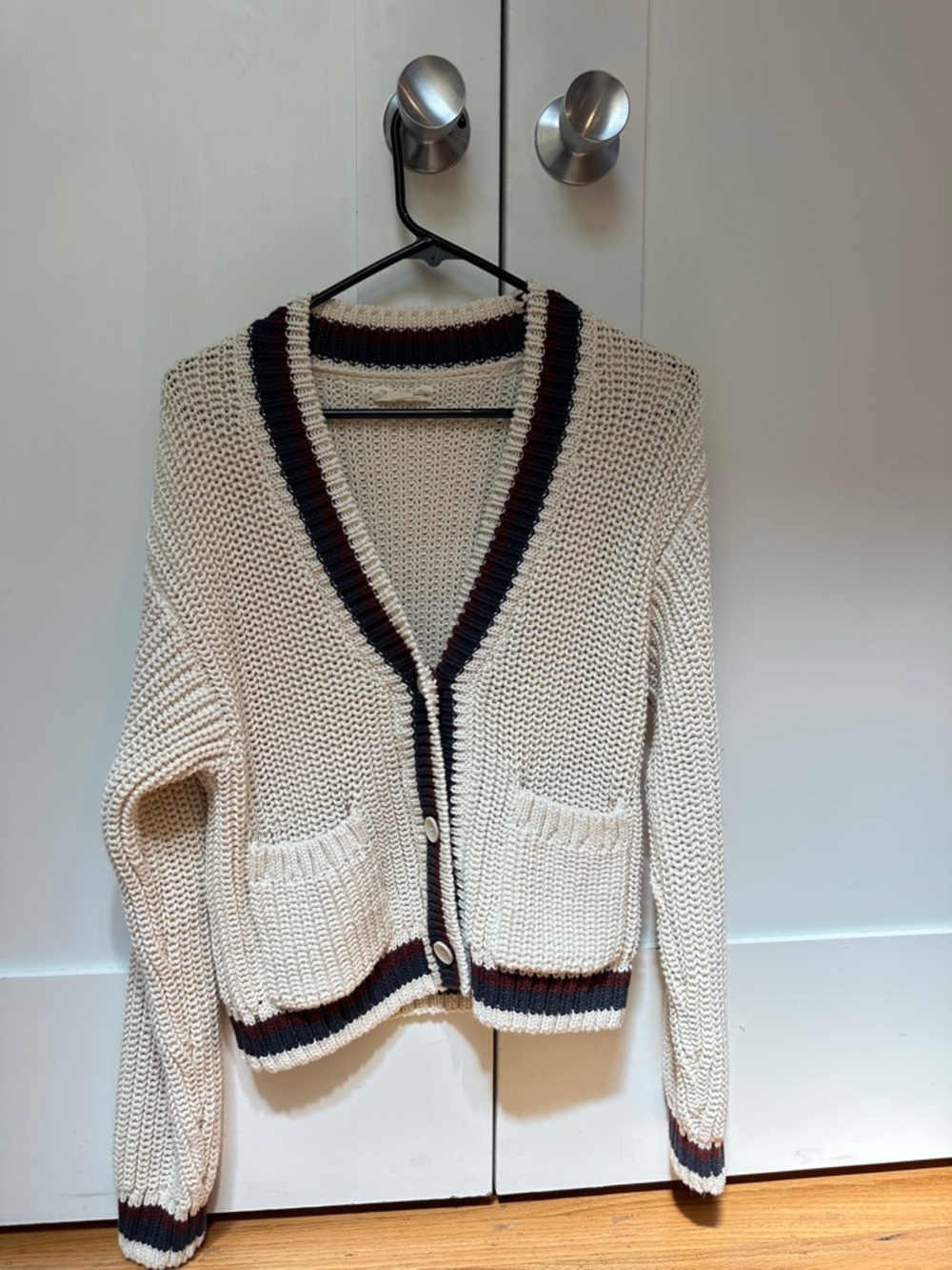Rylee + Cru Cream Knit Collegiate Cardigan with Navy and Burgundy Trim